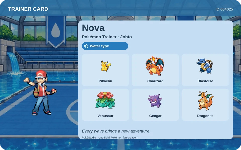 Classic Pokémon trainer ID for Nova with six pixel Pokémon and a Water-type gym